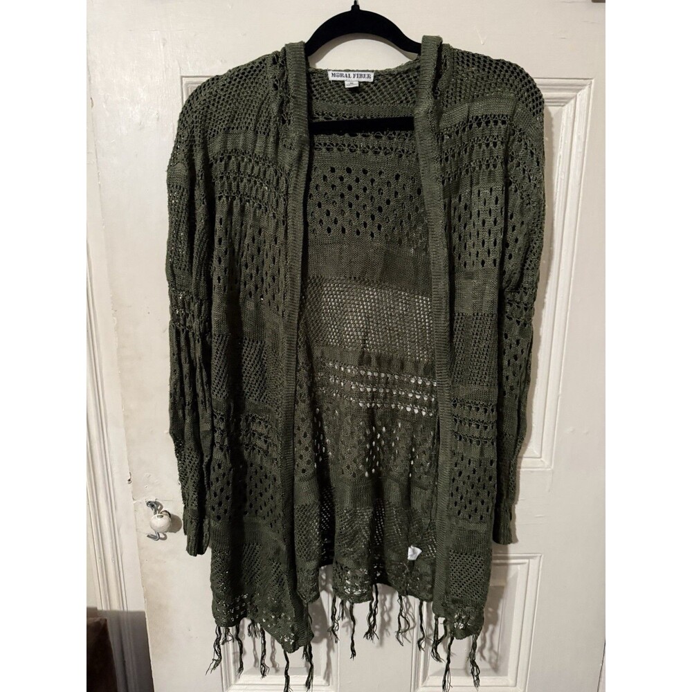 Moral Fiber Olive Green Open Knit Hooded Cardigan Duster Fringe M